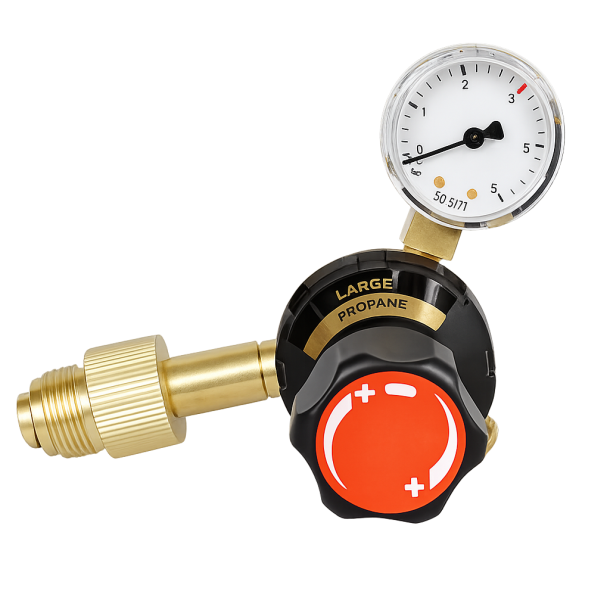 9011010 - Regulator Large Propane - Work area (bar) 0 - 4 P EN ISO 2503 Class 1 25 bar 4 bar Content pressure gauge (bar) Work pressure gauge (bar) 0 - 6 Connection Inlet W22.1-1/22  LH  (NGO) Thread Ext. Outlet G 3/8" LH