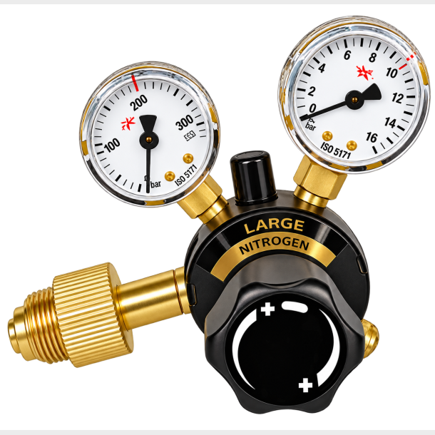 9013020 - Regulator Large Nitrogen 20 bar - Work area (bar) 0 - 20 / 50 N EN ISO 2503 200 bar 20 bar / 50 bar Content pressure gauge (bar) 0 - 315 Work pressure gauge (bar) 0 - 40 / 80 Connection Inlet W 24.32 x 1/14" Thread Int. Outlet G 3/8"
