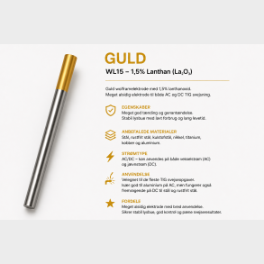 Gold - Wolfram Tungsten elektrode 1,6 gold (WL15) - st�l, rustfrit st�l, nikkel, kobber, titanium og ogs� aluminium