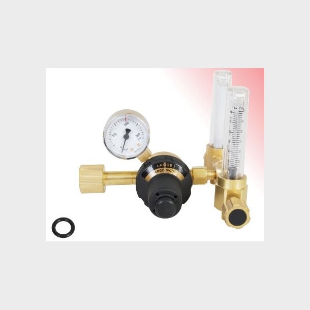 9025320 - Regulator Large Flow Argon/Mixed gas - Double flowmeter and t-connection included - Work area (bar) 2.5 N EN ISO 2503 200 bar Content pressure gauge (bar) 0 - 315 Flow pressure gauge (l/min) 3 - 30 Connection Inlet W 24.32 x 1/14" Thread Int. Ou