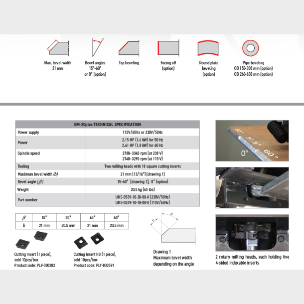 P013.-BM 20 plus.-milling head and cutting inserts included, 230V