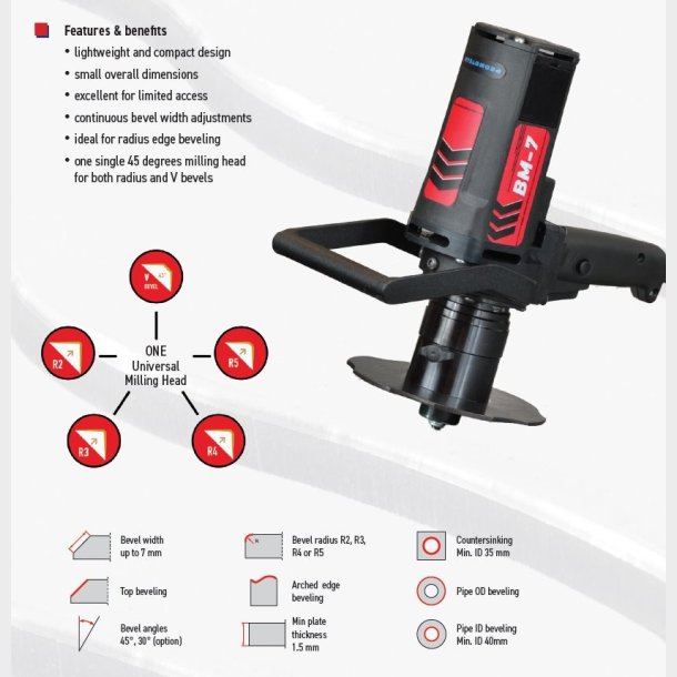 BM 7 - COMPACT PLATE AND PIPE BEVELLER - Small and lightweight beveling machine for milling plates and R2-R3-R4-R5