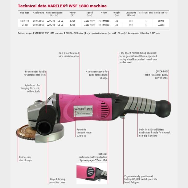 65000 - 1 - VARILEX WSF 1800 ONLY Machine (EU) - 1,750 watts, 220 - 240 volts, incl. accessories and filter system - HTS84672951 - DE - _maxrpm - 7600